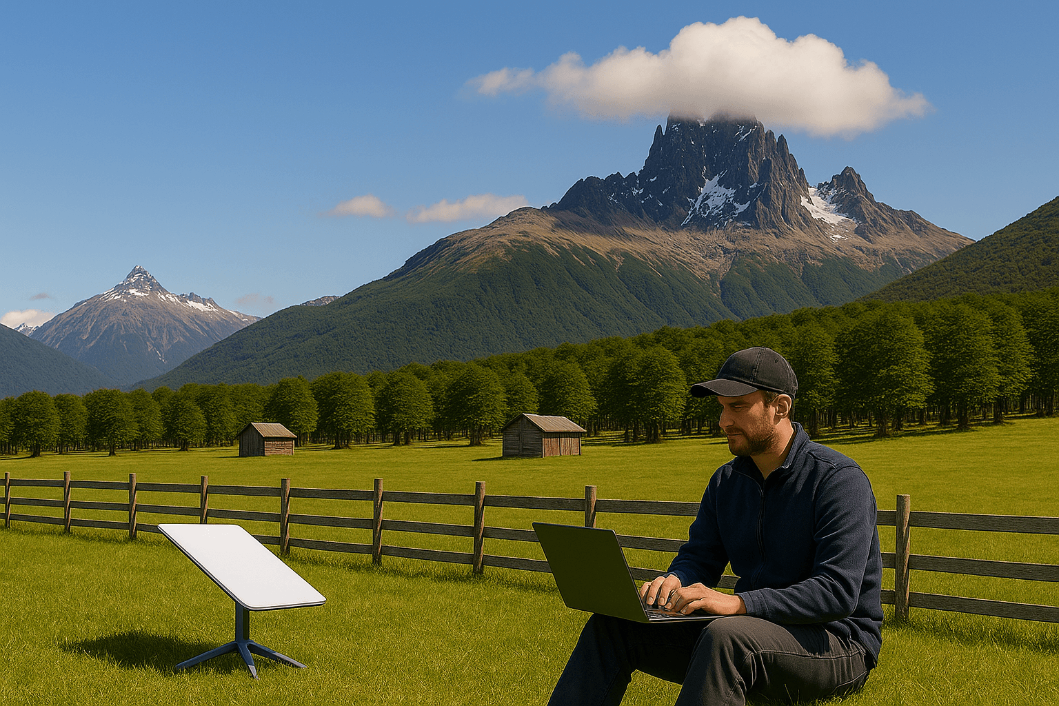 Persona trabajando con laptop junto a antena Starlink en paisaje montañoso de Aysén