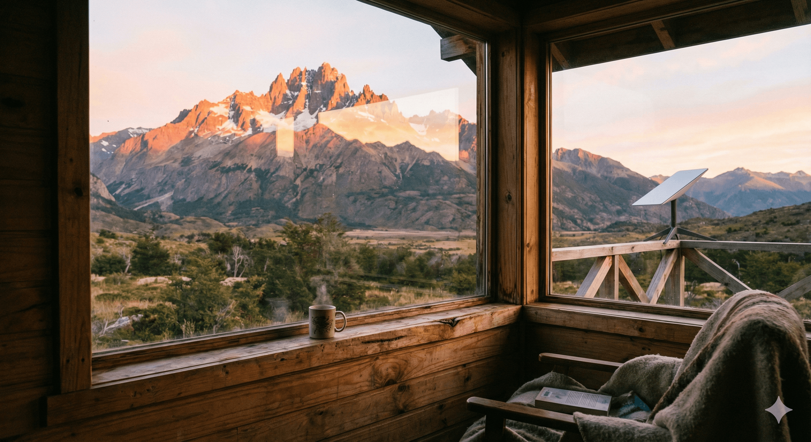 Vista panorámica de las montañas de la Patagonia con antena Starlink - Internet satelital en Aysén