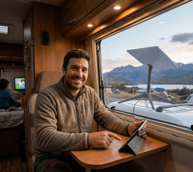 Pablo Sánchez usando Starlink en Camping General Carrera 